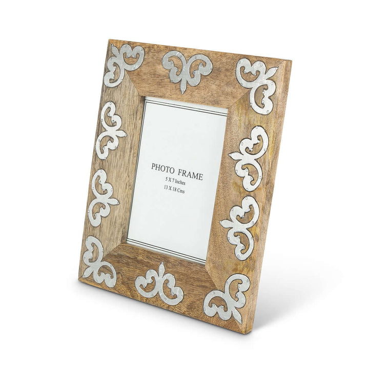 Mango Wood Photo Frame with Metal Inlay, 5x7 Display showcasing rustic elegance with decorative metal accents.