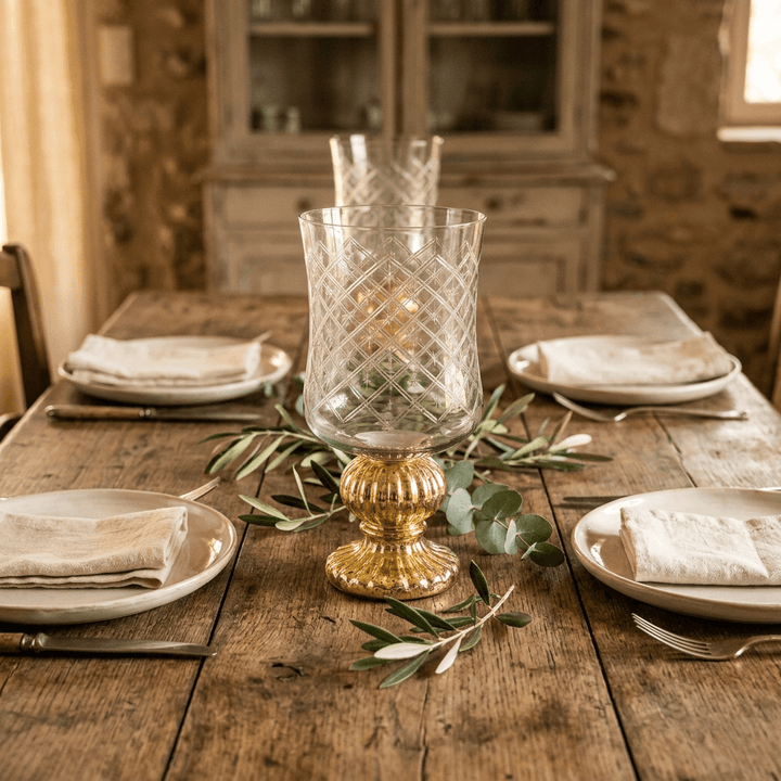 Marielle Diamond Glass Candle Holder with Gold Mercury Pedestal as a dining table centerpiece with greenery