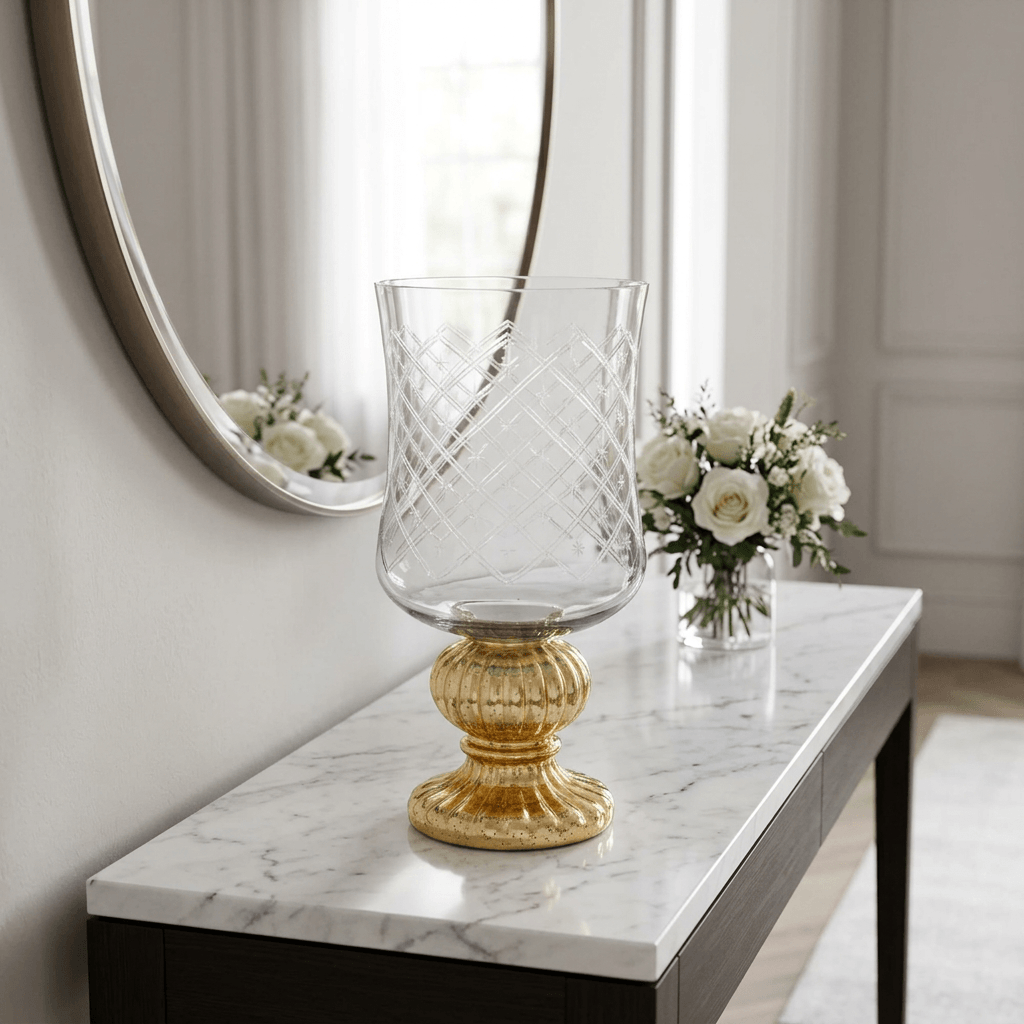 Marielle Diamond Glass Candle Holder with Gold Mercury Pedestal on a marble entry console