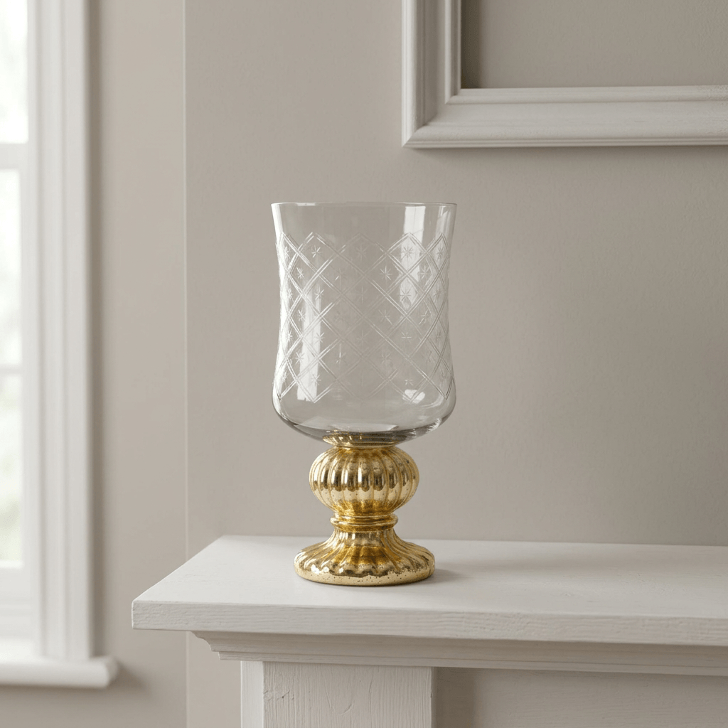 Marielle Diamond Glass Candle Holder with Gold Mercury Pedestal on a white fireplace mantel