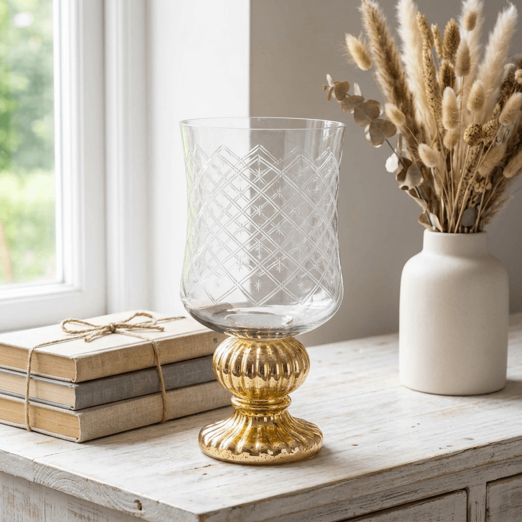 Marielle Diamond Glass Candle Holder with Gold Mercury Pedestal on a whitewashed sideboard beside books