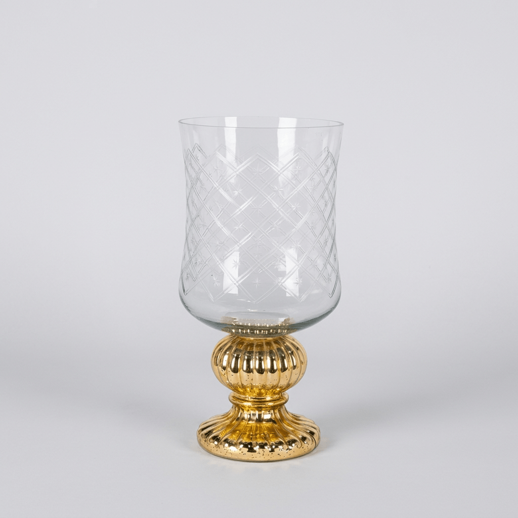 Marielle Diamond Glass Candle Holder with Gold Mercury Pedestal on a light gray studio background