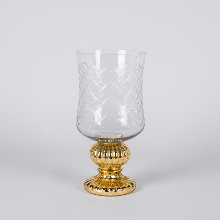 Marielle Diamond Glass Candle Holder with Gold Mercury Pedestal on a light gray studio background