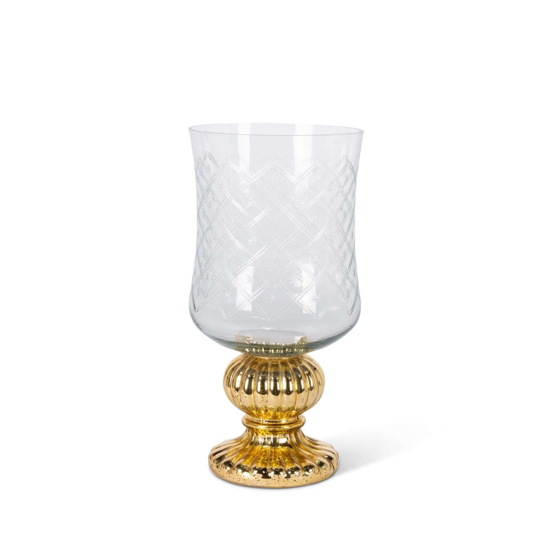 Marielle Diamond Glass Candle Holder with Gold Mercury Pedestal, clear crosshatch glass cup on a fluted gold mercury-glass pedestal