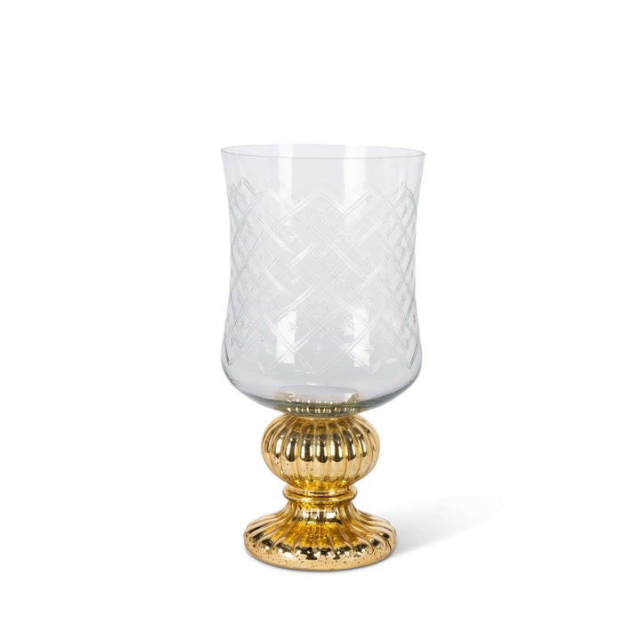 Marielle Diamond Glass Candle Holder with Gold Mercury Pedestal, clear crosshatch glass cup on a fluted gold mercury-glass pedestal
