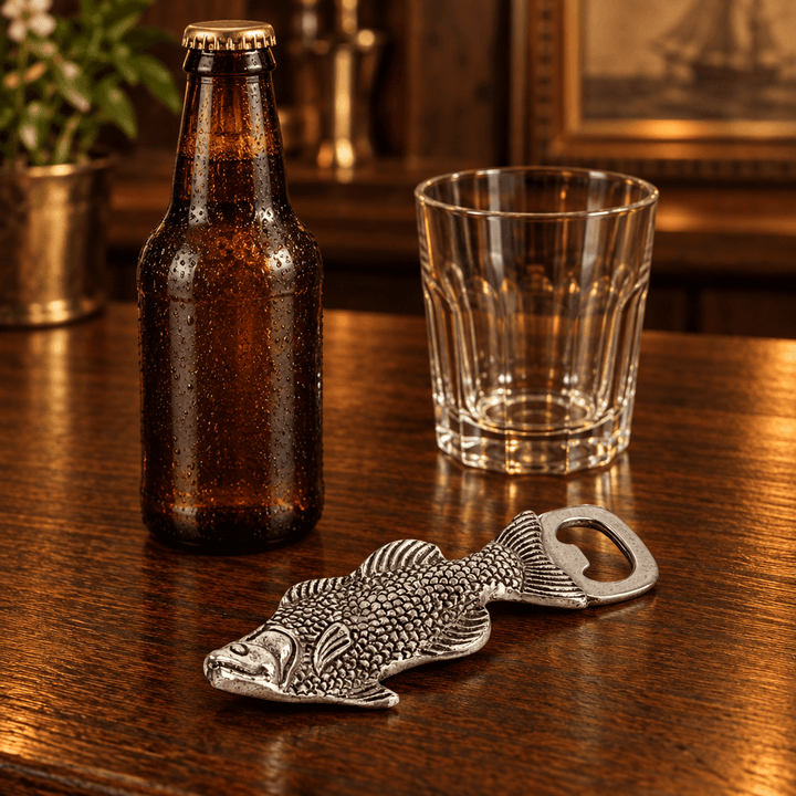 Metal Fish Bottle Opener beside a beer bottle and drinking glass on a home bar