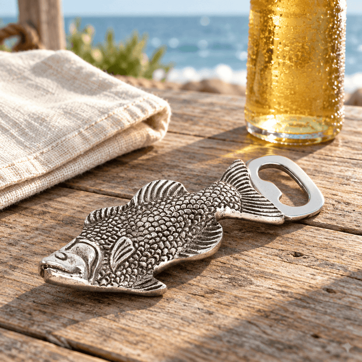 Metal Fish Bottle Opener styled with linen and a beverage bottle on a coastal table