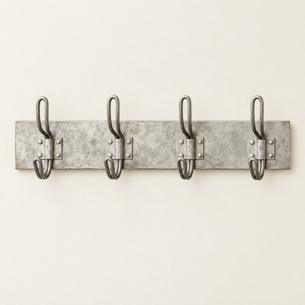 Metal Wall Hook Rack with four double hooks against an ivory wall