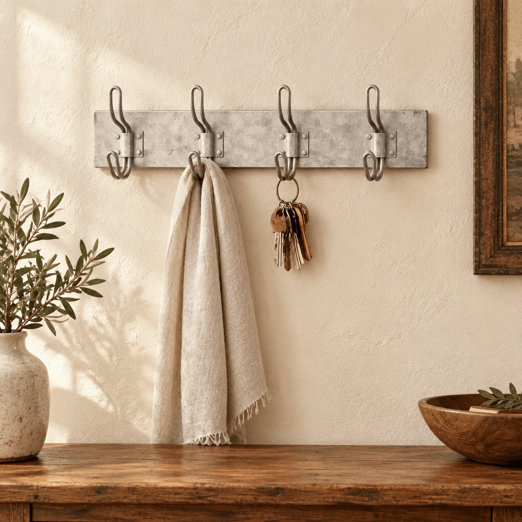 Metal Wall Hook Rack holding a linen scarf and keys in an entryway