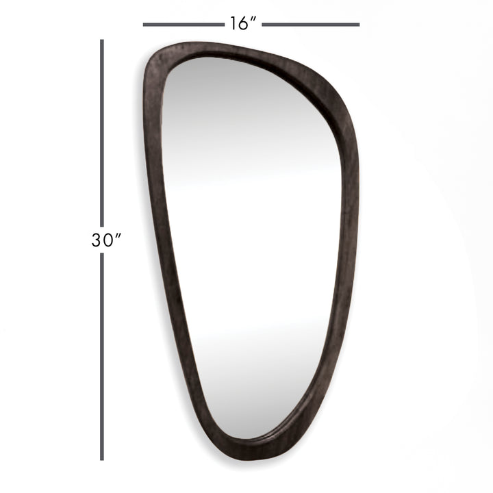 Mid-century modern asymmetrical black wood mirror, 16" x 30", featuring a unique free-form design.