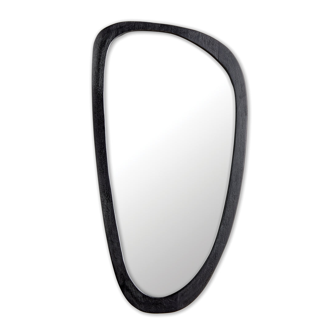 Mid-century modern asymmetrical black wood mirror with organic free-form silhouette.