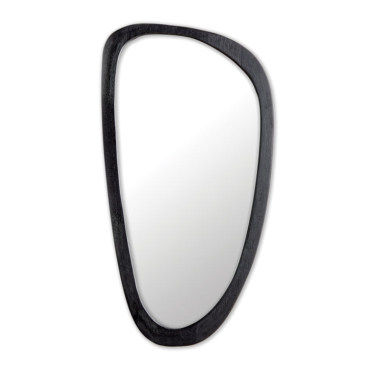 Mid-century modern asymmetrical black wood mirror with organic free-form silhouette.