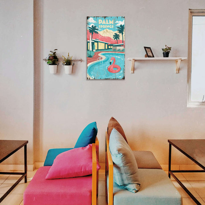 Colorful room interior with a 'Palm Springs' poster on the wall, colorful cushions on a bench, and small plants.