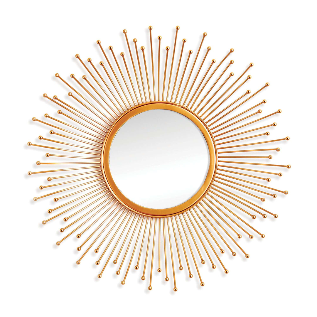 Mid-century starburst wall mirror with gold spoke frame, featuring radiant gold metal rods and a central reflective surface.