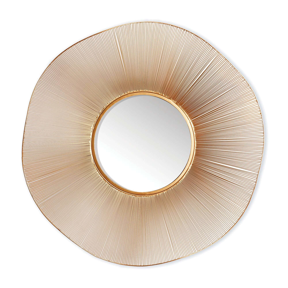 Mid-century sunburst wall mirror with gold wire frame showcasing elegant design and atomic-age aesthetics.