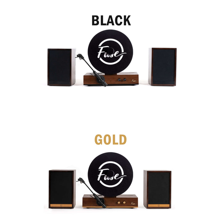 Record player setup with 'Fuse' logo on a white background