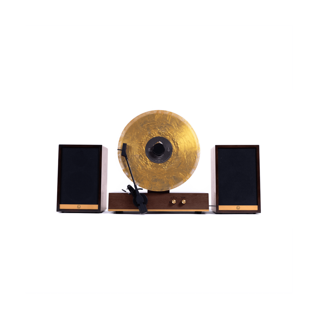 Record player with two speakers on a white background