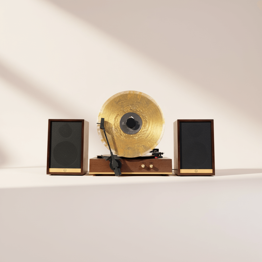 Vintage record player with gold platter and speakers on a white surface