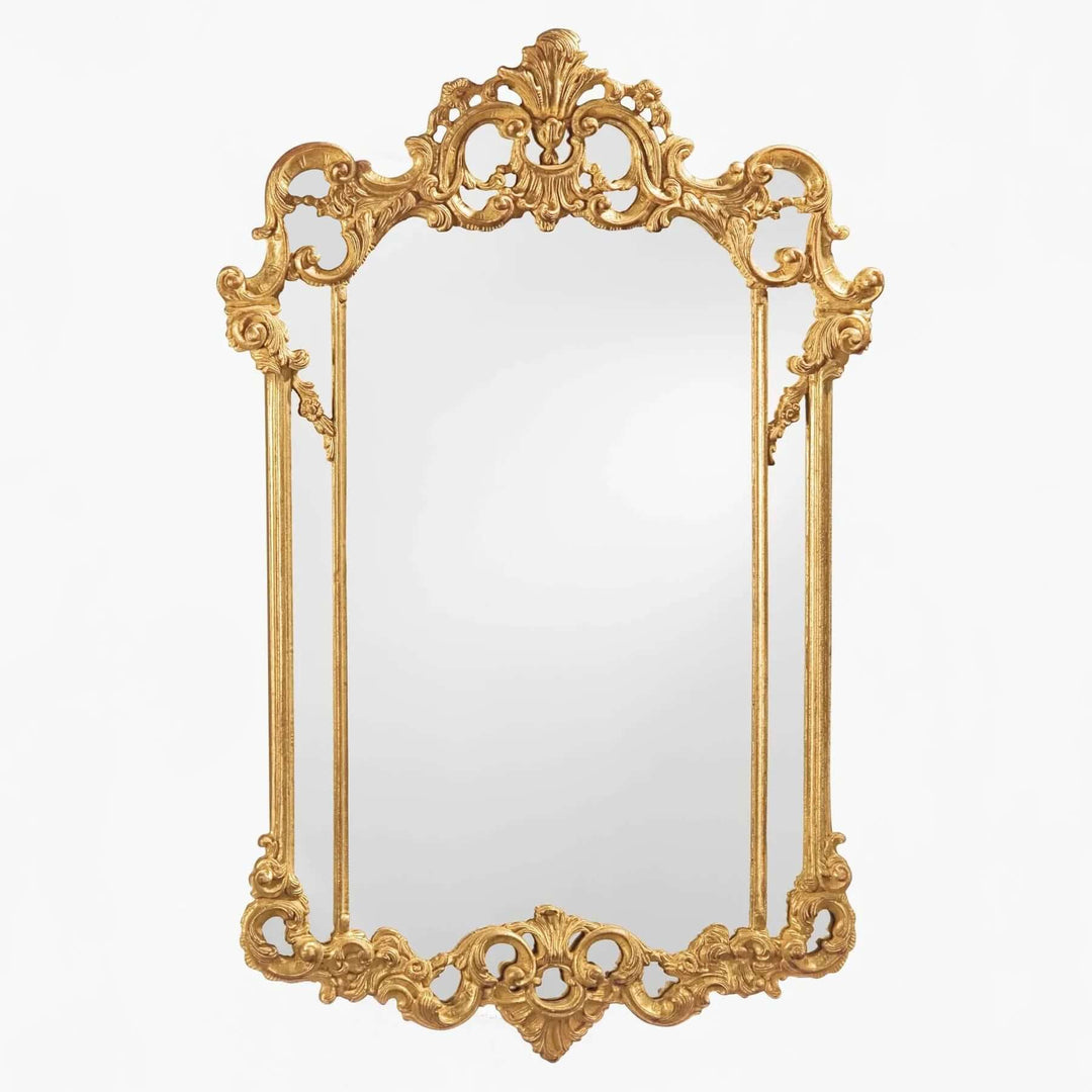 Vintage Italian Rococo Carved Wood Gold Mirror with intricate rococo details and antique gold finish reflecting a classic baroque elegance