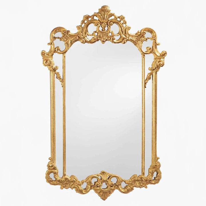 Vintage Italian Rococo Carved Wood Gold Mirror with intricate rococo details and antique gold finish reflecting a classic baroque elegance