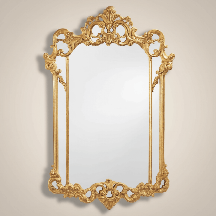 Vintage Italian Rococo Carved Wood Gold Mirror with intricate baroque carvings and antique gold leaf, reflecting 18th-century elegance.