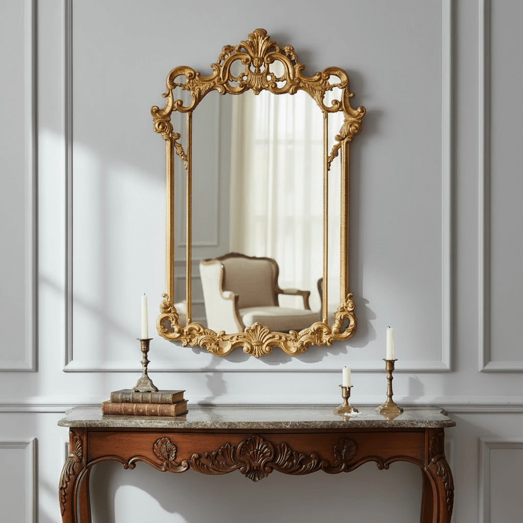 Vintage Italian Rococo Carved Wood Gold Mirror on a classic wooden table