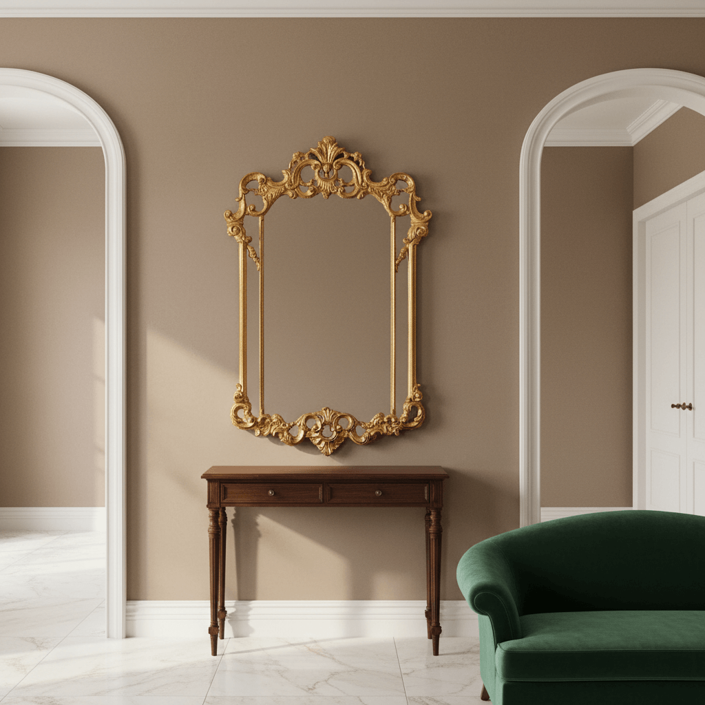 Vintage Italian Rococo Carved Wood Gold Mirror hanging on a wall above a wooden console in elegant interior decor.