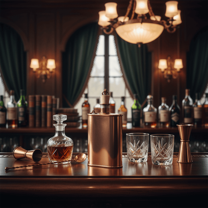 Model One Original Copper Flask on a bar with glassware and decanter.