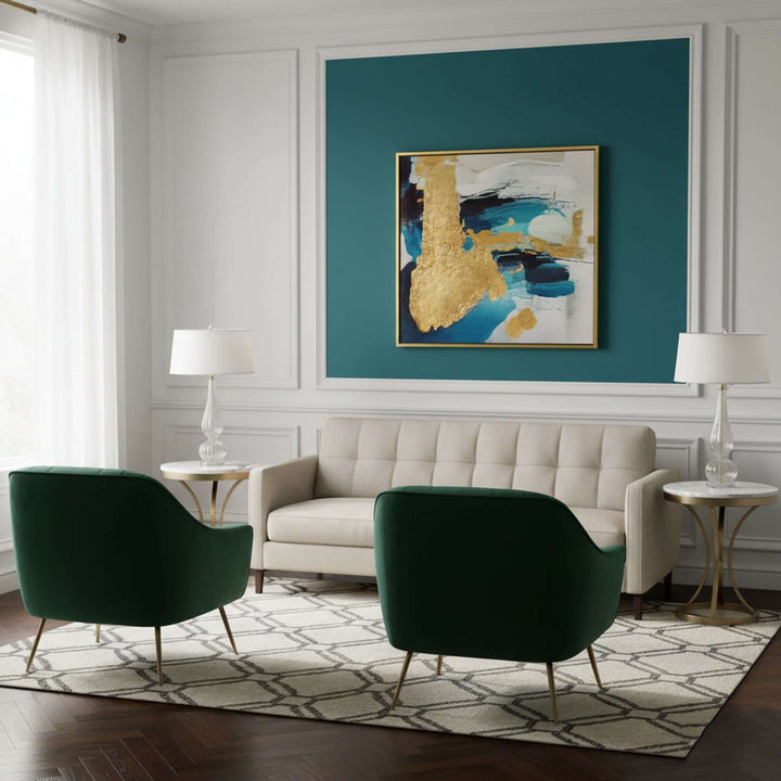 Modern living room with green chairs, beige sofa, and abstract art on teal wall.
