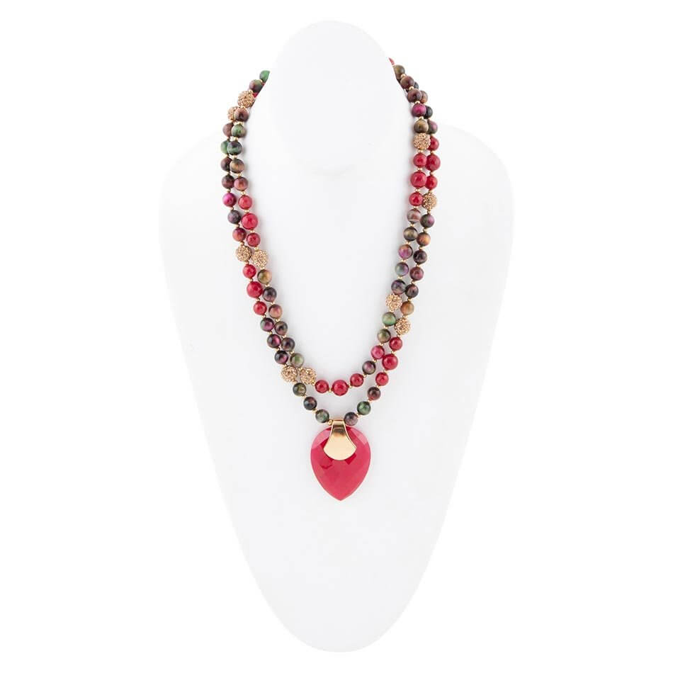 Jeweled Multi-Color Tiger's Eye and Rasberry Quartz Pendant Golden Necklace