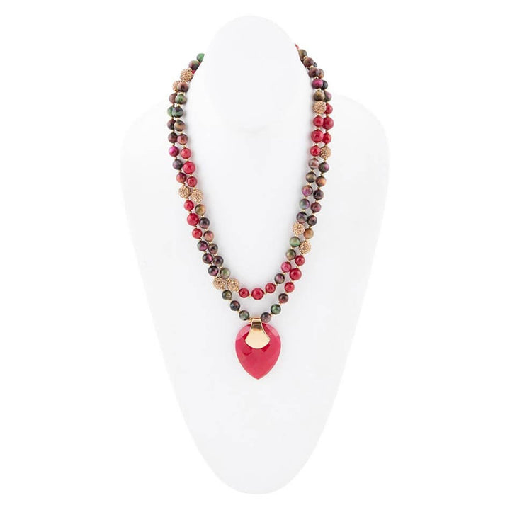 Jeweled Multi-Color Tiger's Eye and Rasberry Quartz Pendant Golden Necklace