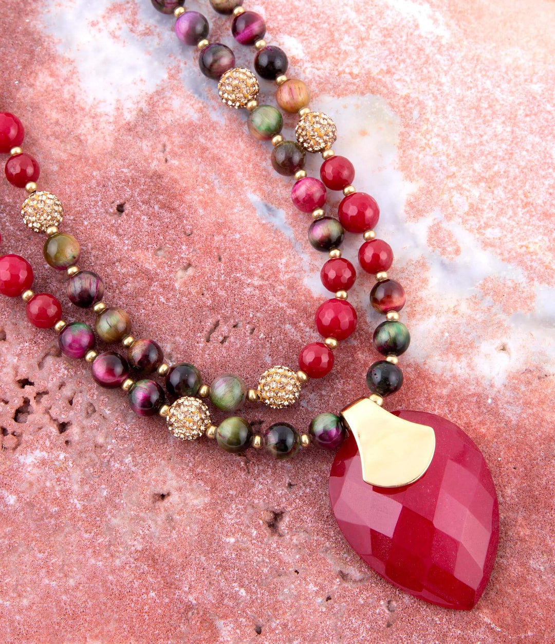 Jeweled Multi-Color Tiger's Eye and Rasberry Quartz Pendant Golden Necklace