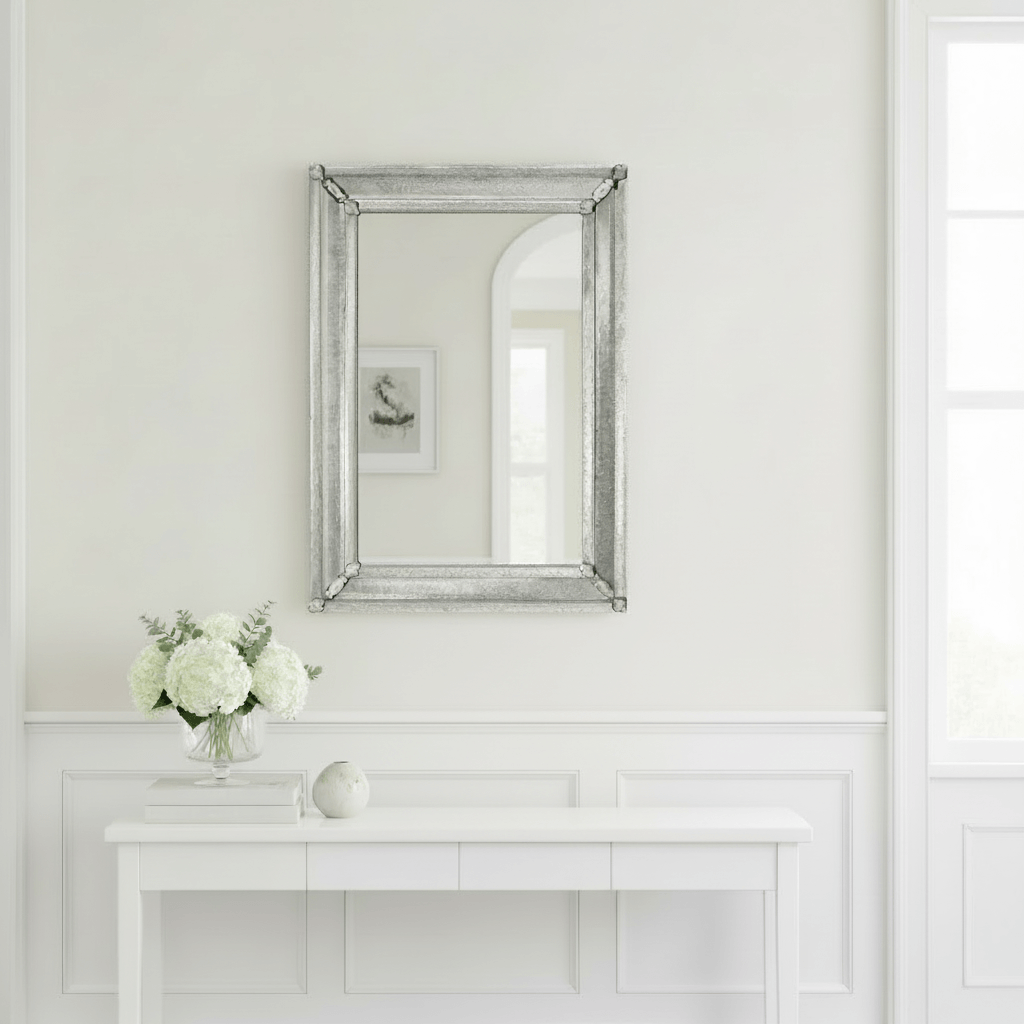 Murano Antique Glass Venetian Wall Mirror reflecting a minimalistic interior with white flowers and soft lighting.