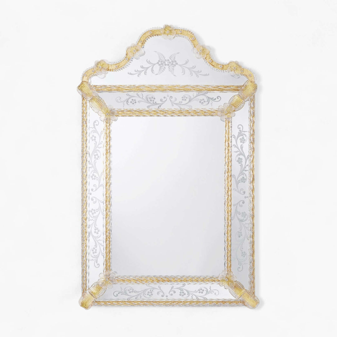 Elegant Murano Glass Mirror with Gold Leaf Trim and Etched Panels showcasing Venetian craftsmanship.