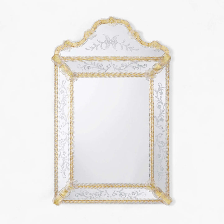 Elegant Murano Glass Mirror with Gold Leaf Trim and Etched Panels showcasing Venetian craftsmanship.