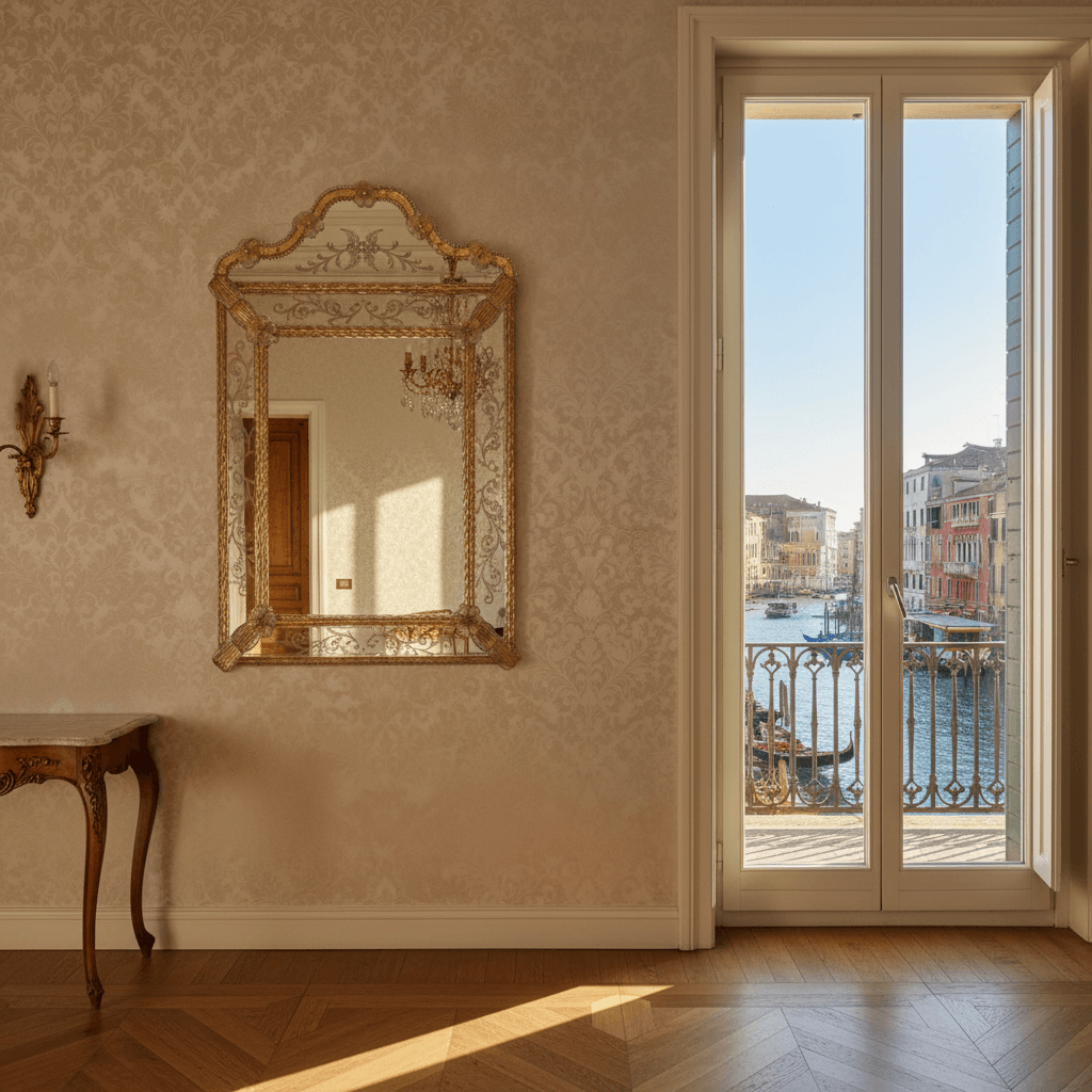 Luxurious Murano Glass Mirror with Gold Leaf Trim and Etched Panels reflects an elegant Venetian interior with canal view.