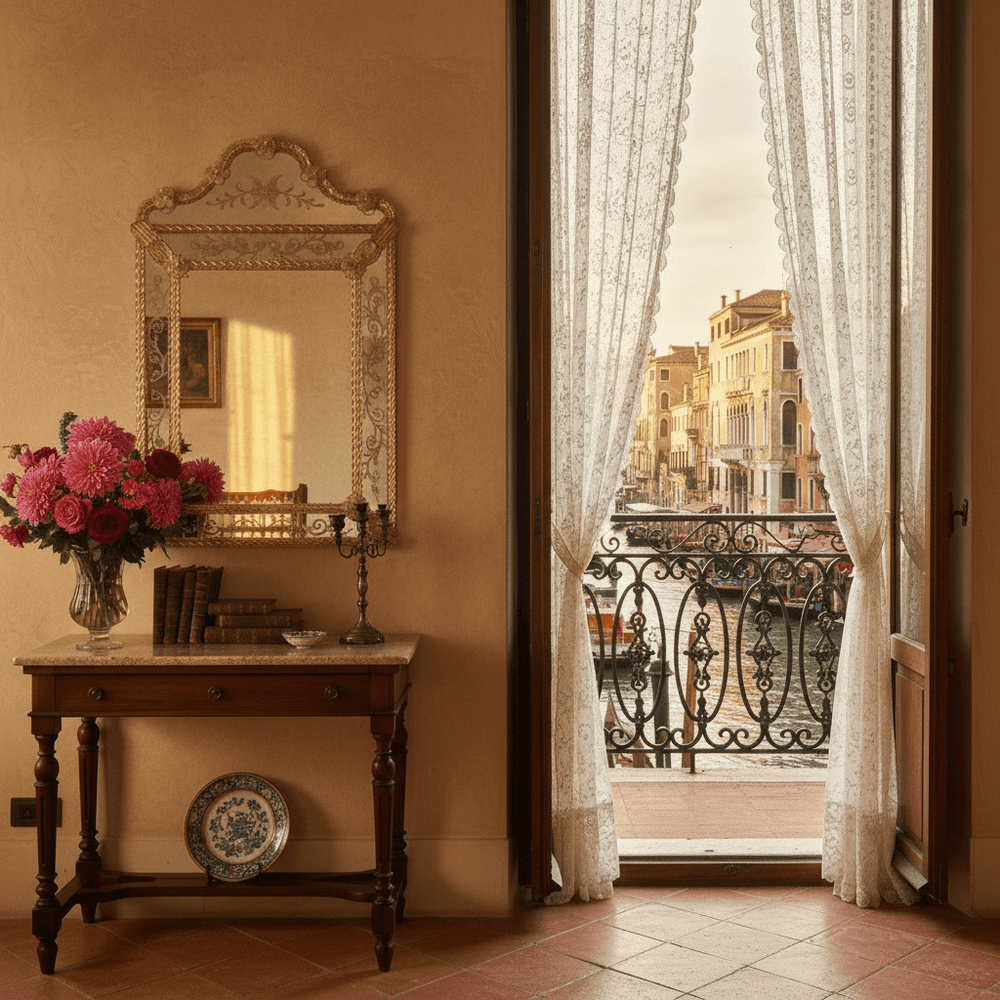 Balcony with view of a canal, flowers on a table, and decorative mirror.