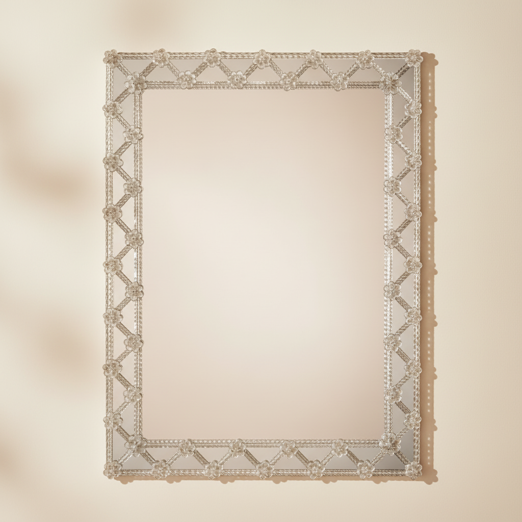 Decorative mirror with intricate lattice frame on a beige background