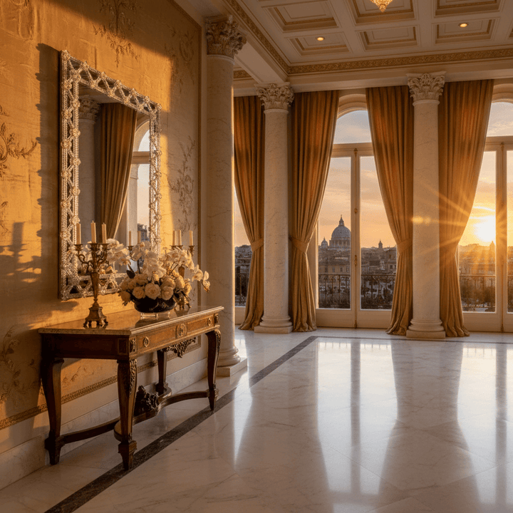Luxurious interior with ornate mirror, table, and large windows overlooking a scenic view.