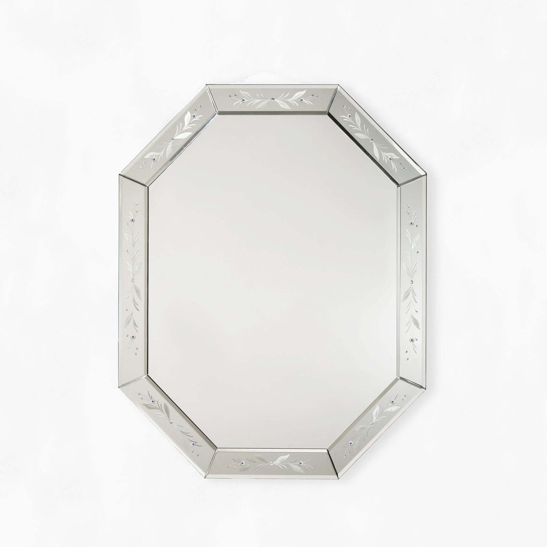 Murano Hand-Etched Venetian Glass Wall Mirror showcasing exquisite craftsmanship and elegant hand-etched design on the frame.
