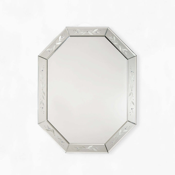 Murano Hand-Etched Venetian Glass Wall Mirror showcasing exquisite craftsmanship and elegant hand-etched design on the frame.