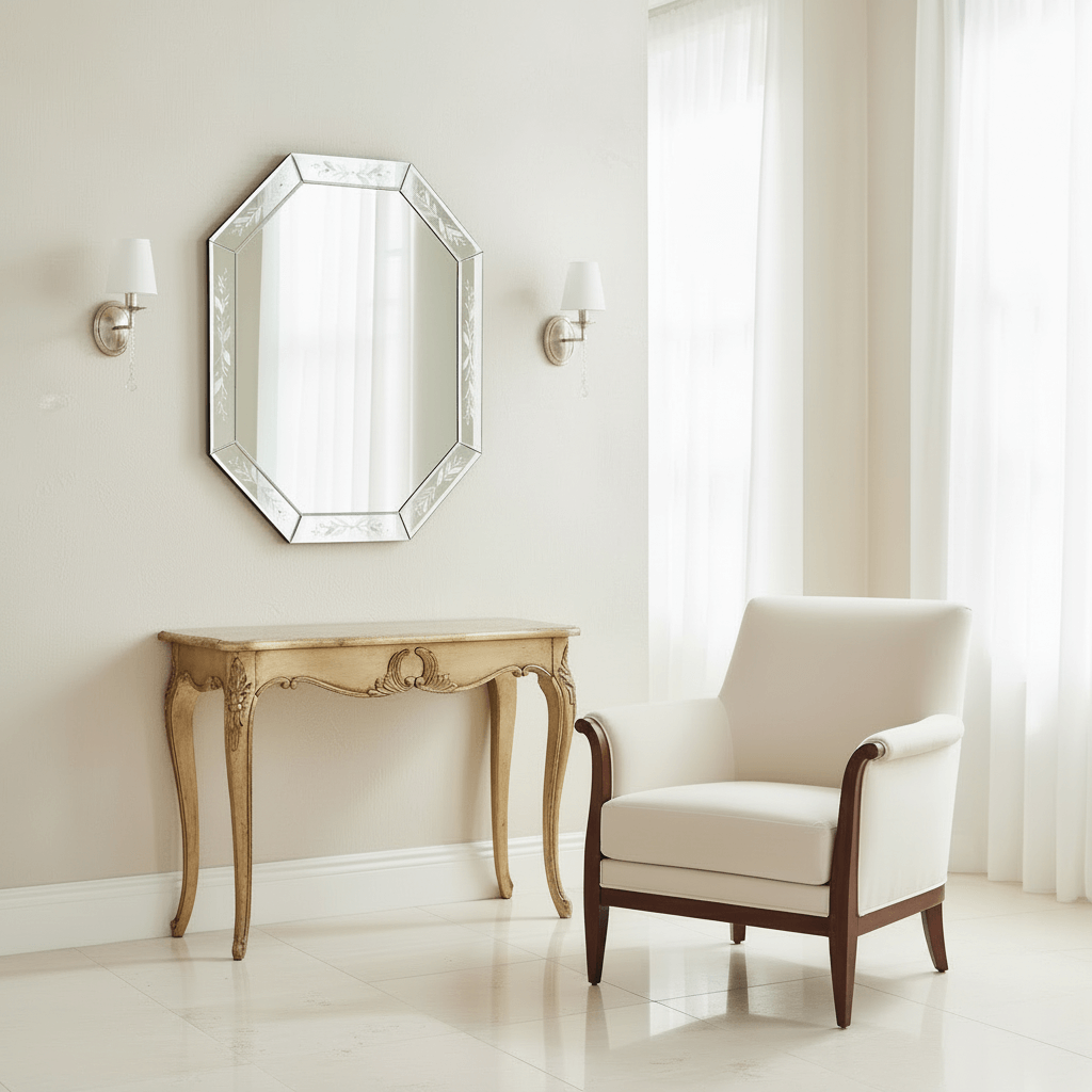 Elegant living room featuring Murano Hand-Etched Venetian Glass Wall Mirror above a classic console table.