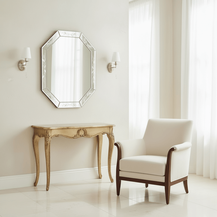 Elegant living room featuring Murano Hand-Etched Venetian Glass Wall Mirror above a classic console table.