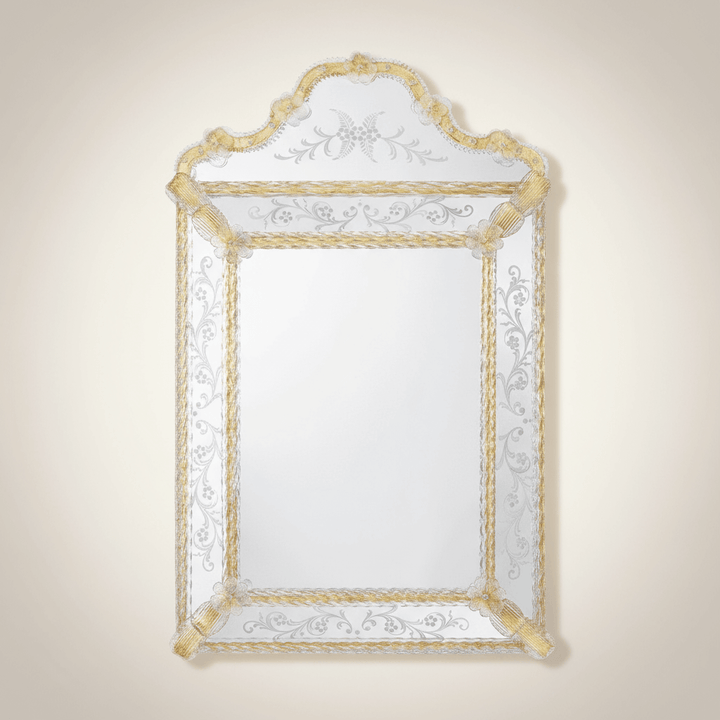 Murano Glass Mirror with Gold Leaf Trim and Etched Panels reflecting light in elegant Venetian design.