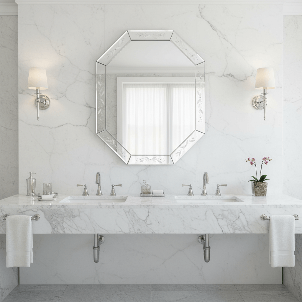 Elegant bathroom with Murano Hand-Etched Venetian Glass Wall Mirror above marble sink