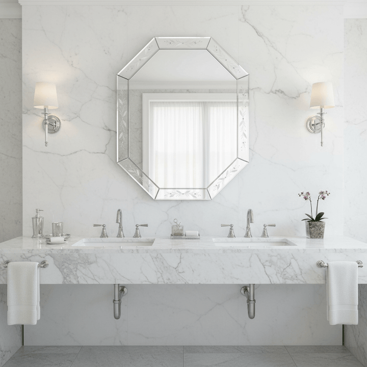 Elegant bathroom with Murano Hand-Etched Venetian Glass Wall Mirror above marble sink
