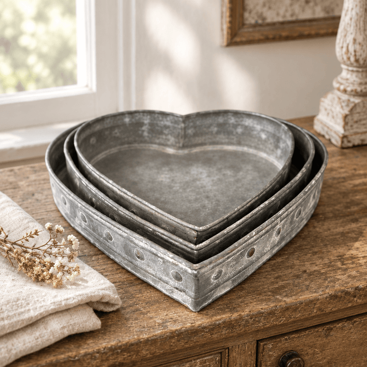 Nesting metal heart trays on a wooden console beside folded ivory linen and a dried flower sprig