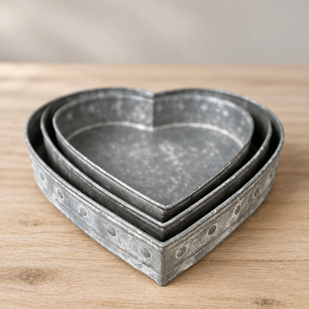 Detail of three nested heart tray rims and weathered silver-gray metal with round side accents