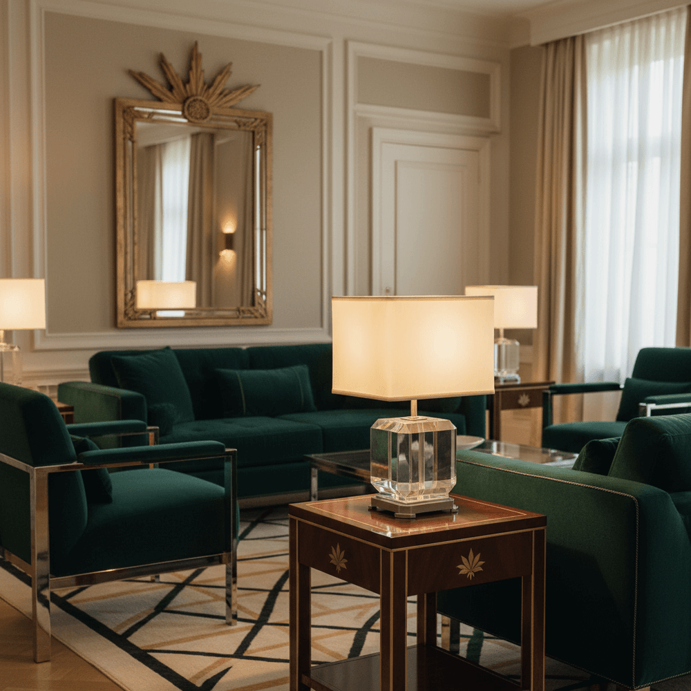 Luxurious living room with green velvet furniture, a lamp, and decorative mirror.