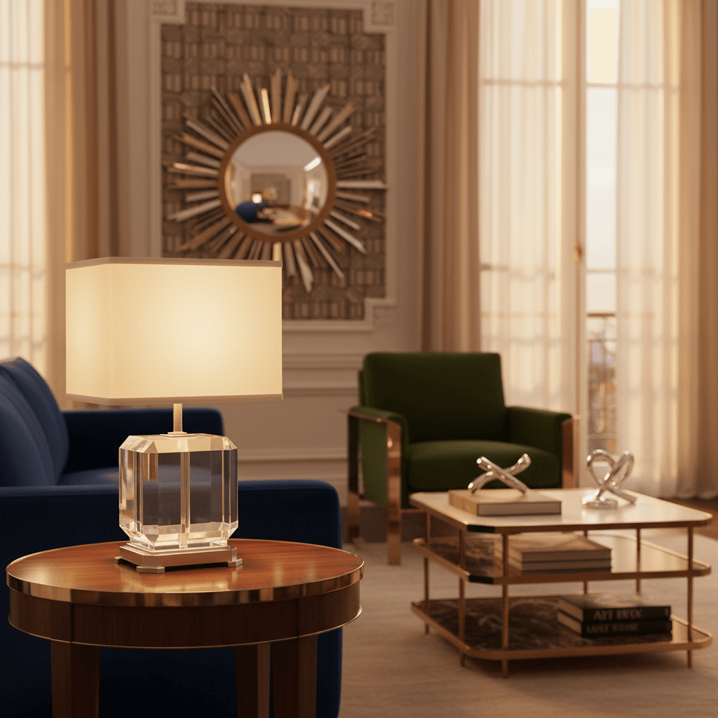 Living room with a lamp on a round table, green armchair, and decorative mirror.